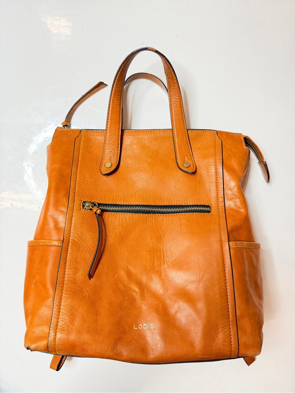 Lodis Cognac Leather Convertible Backpack Tote - Orange Brown